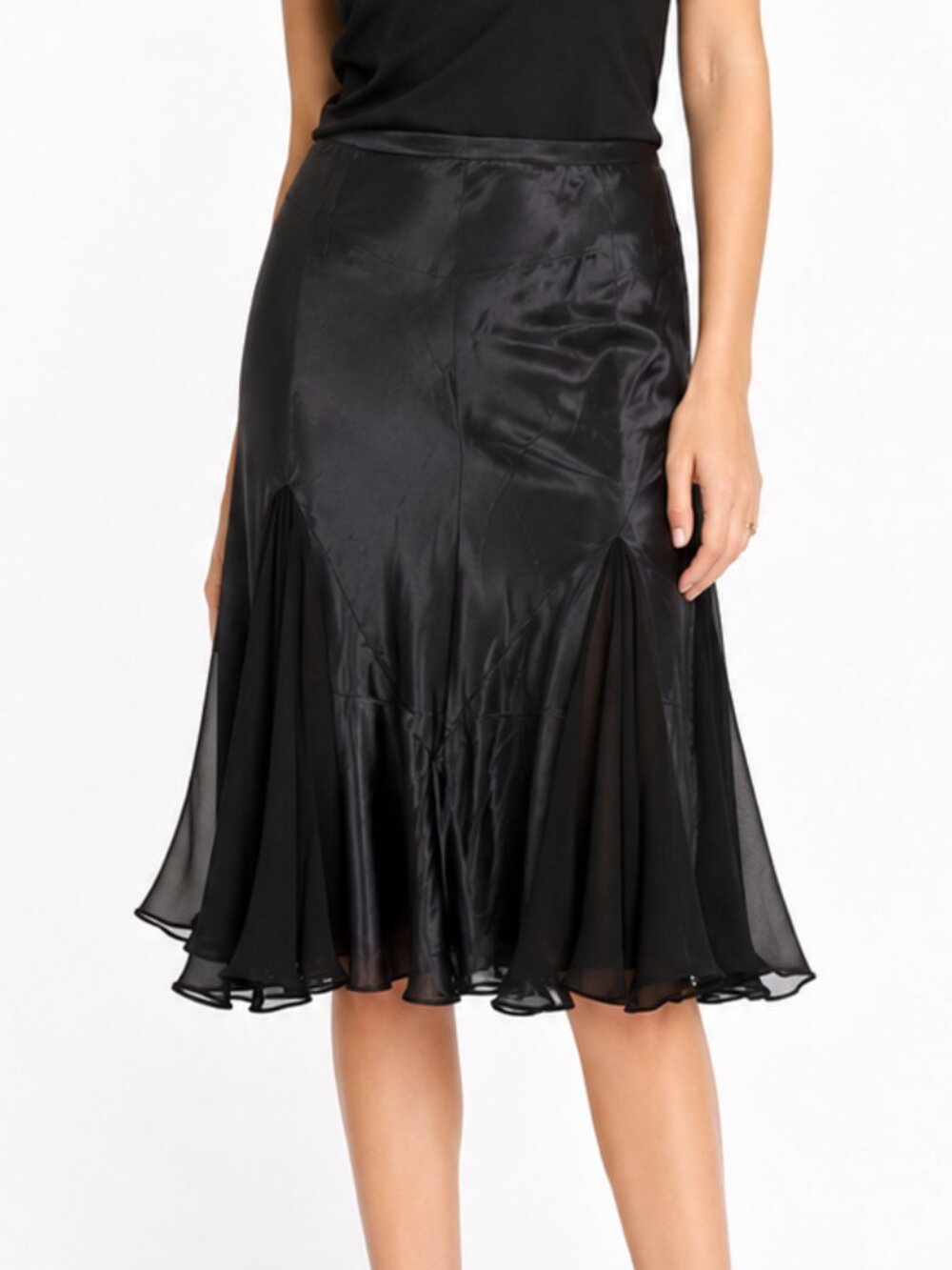 Max Studio Y2K 100% Silk Black Godet Paneled Knee Length Skirt M